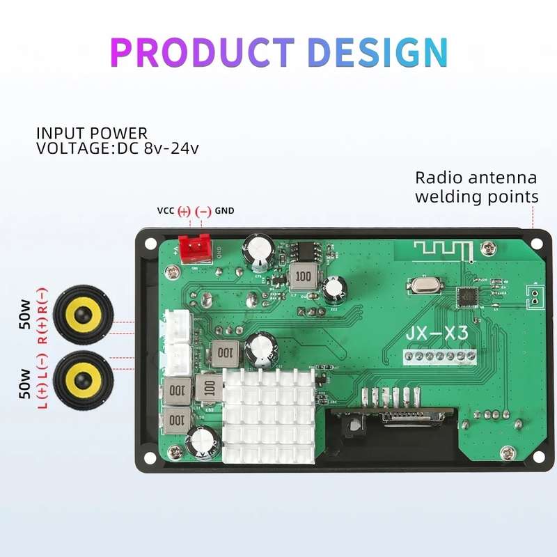 100W 12V TPA3116 Color Screen Power Amplifier Bluetooth Decoder Board With Recording Call(Small Sili