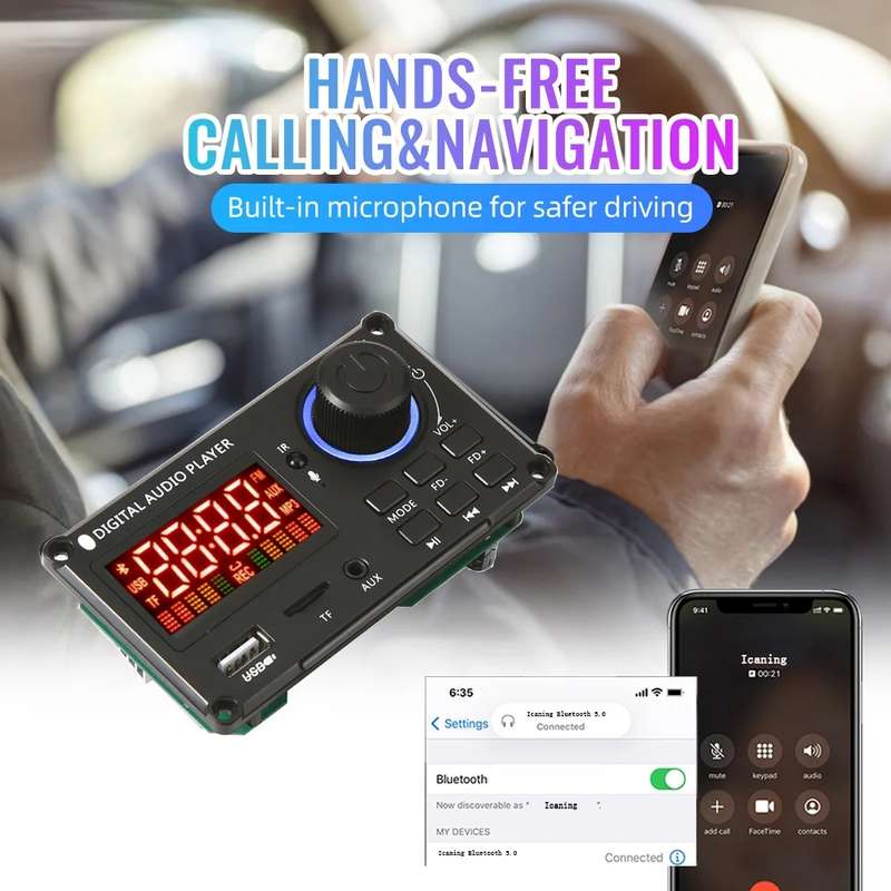 100W 12V TPA3116 Color Screen Power Amplifier Bluetooth Decoder Board With Recording Call(Small Sili