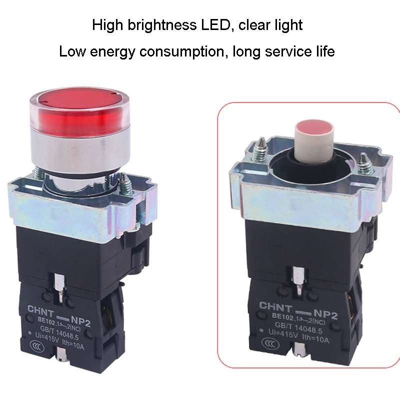 CHINT NP2-BW3463/24V 2 NO Pushbutton Switches With LED Light Silver Alloy Contact Push Button (Red)