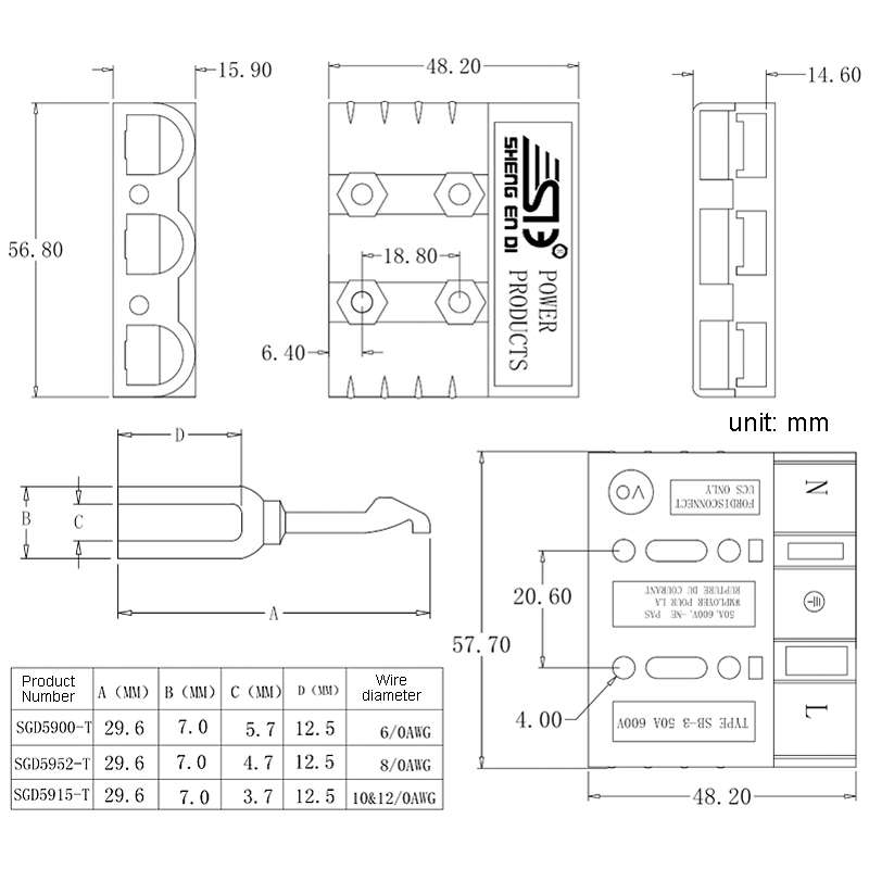 SHENGENDI SGD50AH-GY 600V 3 Pole Connector Anderson Plug UPS Power Supply Socket Charger Charging Pl
