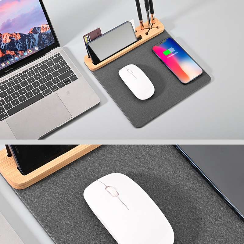 10W Wireless Charging PU Mouse Pad with Mobile Phone and Pen Holder(Black)