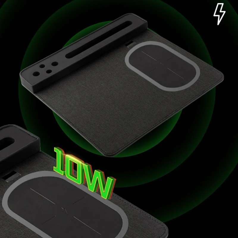 10W Wireless Charging PU Mouse Pad with Mobile Phone and Pen Holder(Black)