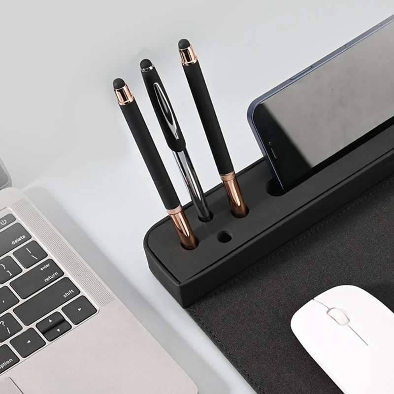 10W Wireless Charging PU Mouse Pad with Mobile Phone and Pen Holder(Black)