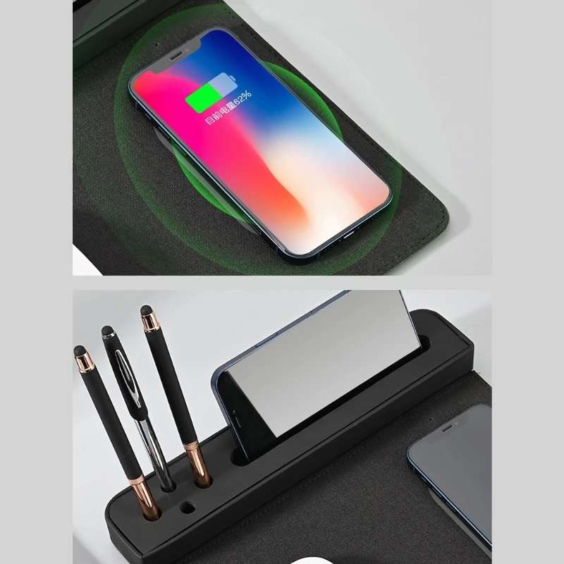10W Wireless Charging PU Mouse Pad with Mobile Phone and Pen Holder(Black)
