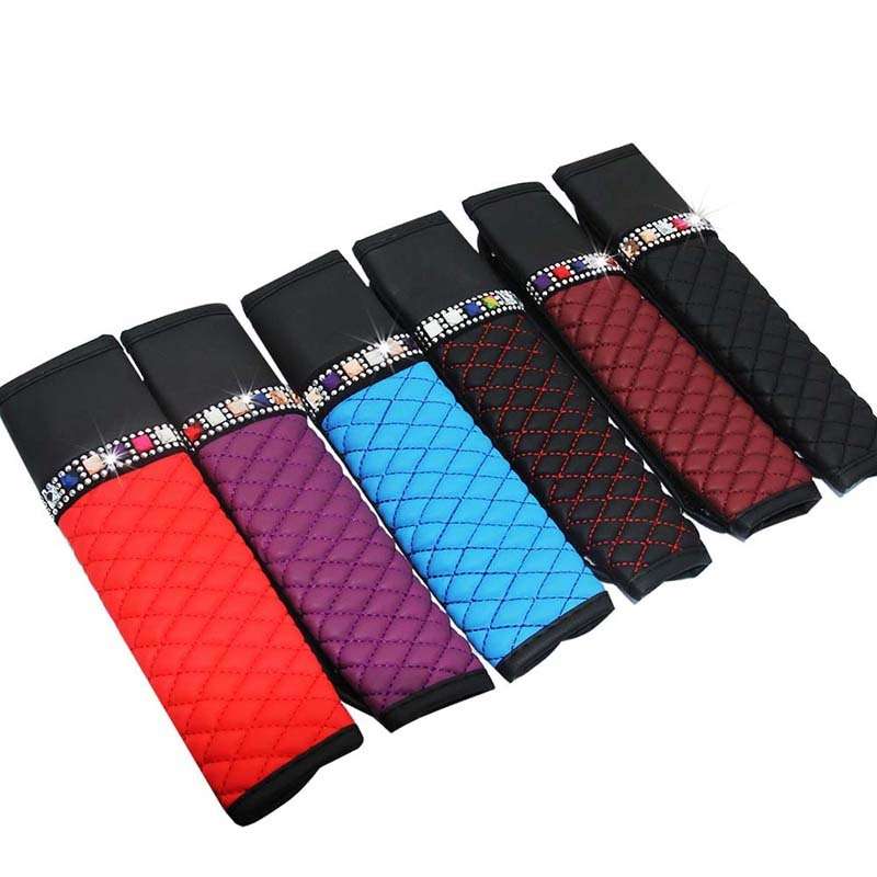 Car Leather Seat Belt Cover Shoulder Pads with Bling Diamonds 6.5x23cm(Red)