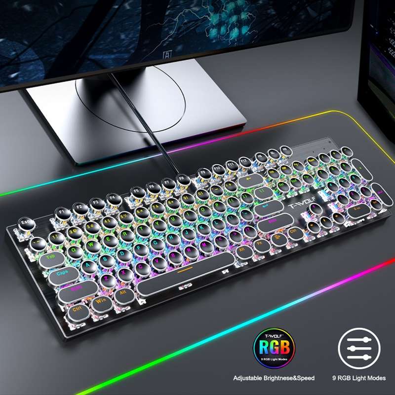 T-WOLF T75 104 Keys Adjustable RGB Light Computer Game Wired Mechanical Keyboard(Black)