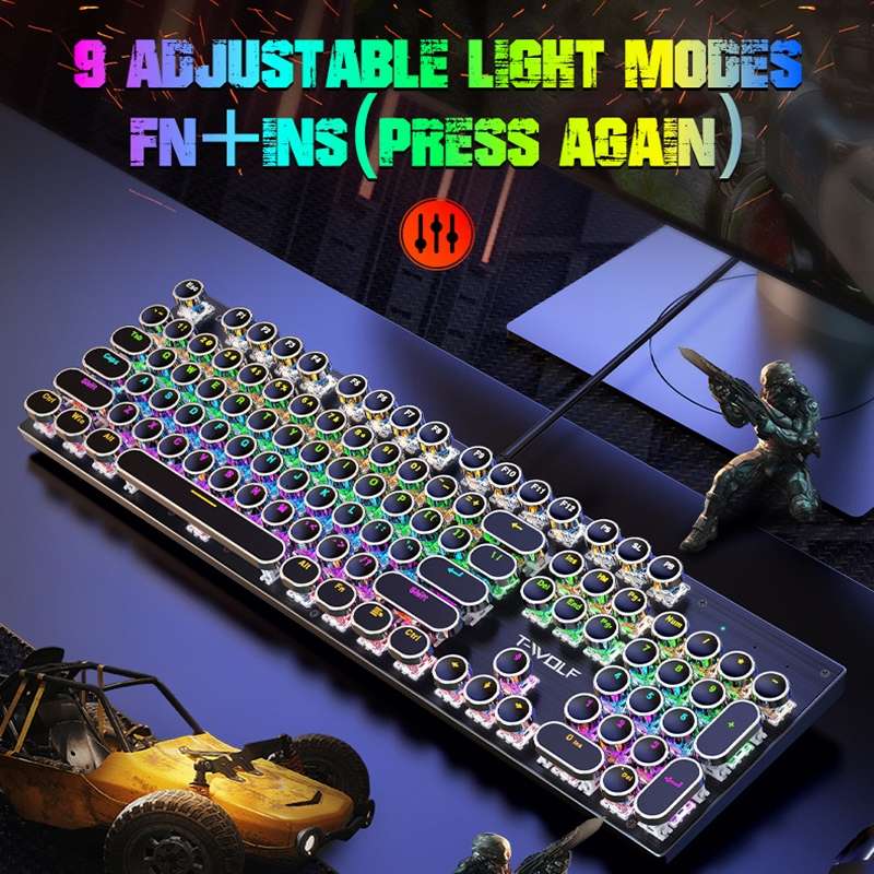 T-WOLF T75 104 Keys Adjustable RGB Light Computer Game Wired Mechanical Keyboard(Black)