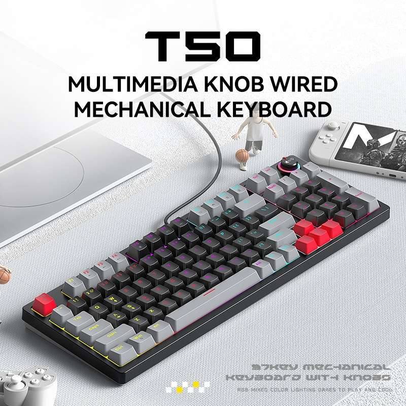T-WOLF T50 97-keys RGB Luminous Color-Matching Game Mechanical Keyboard with Knob, Color: White A