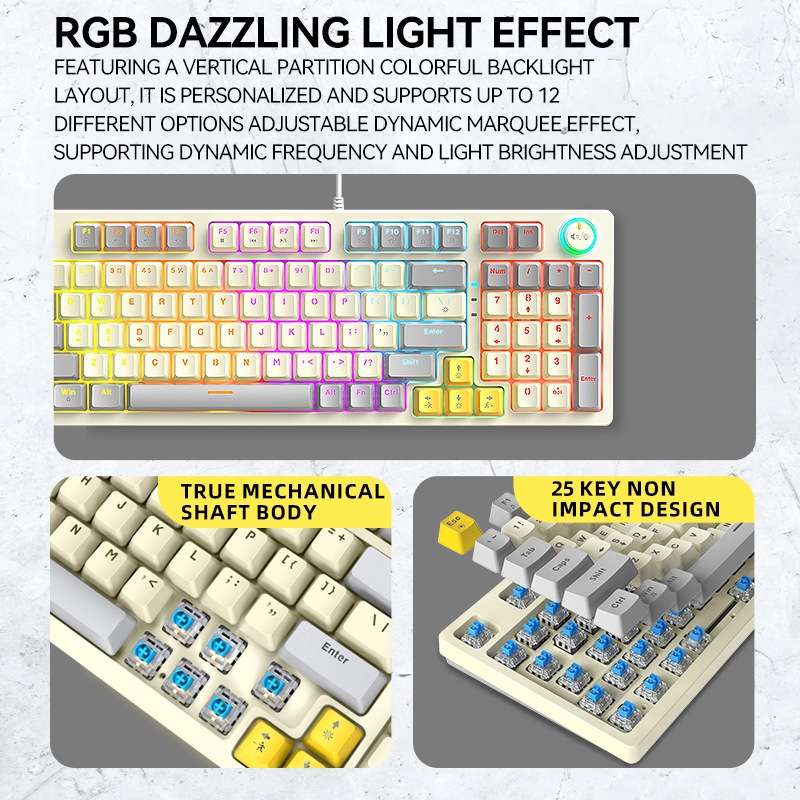 T-WOLF T50 97-keys RGB Luminous Color-Matching Game Mechanical Keyboard with Knob, Color: White A