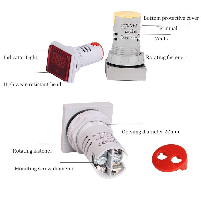 SINOTIMER ST17V AC Voltage Signal Indicator 22mm Square LED Digital Display Voltage Head AC 60-500V(