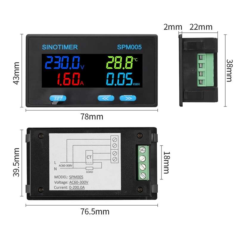 SINOTIMER SPM005 AC Digital Display Voltage Current Power Electricity Multifunctional Monitoring Met