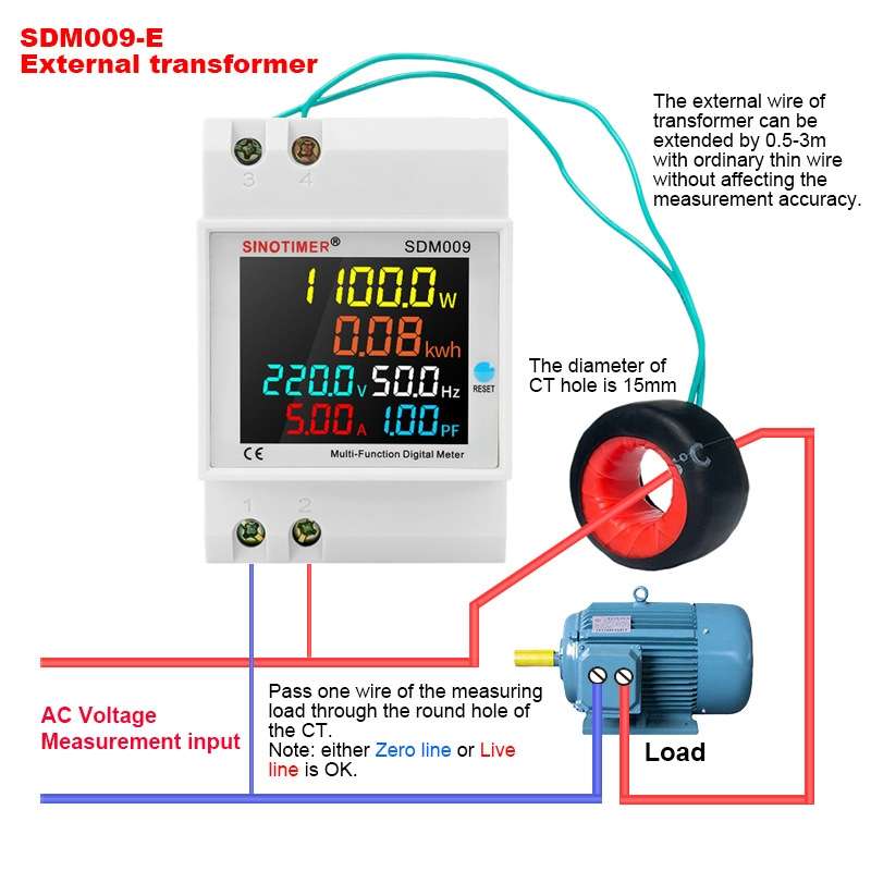 SINOTIMER SDM009 Din Rail Single-Phase Voltage Current Frequency Power Factor Electricity Multifunct