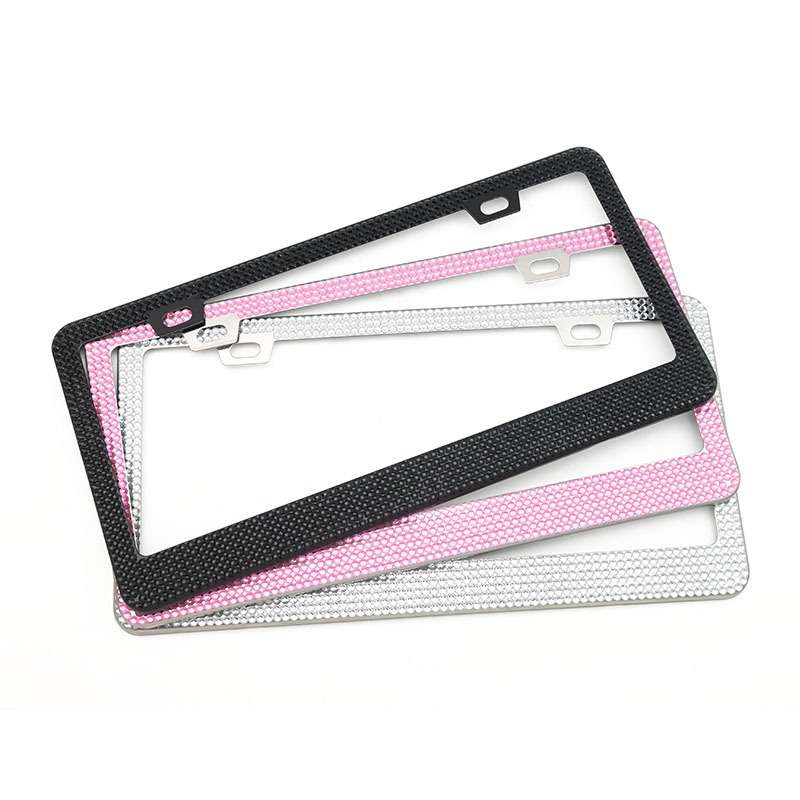 US Standard Stainless Steel License Plate Modified Frame With Diamonds, Color: Square Hole Pink Diam
