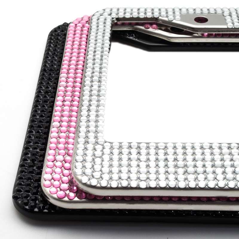 US Standard Stainless Steel License Plate Modified Frame With Diamonds, Color: Square Hole Pink Diam