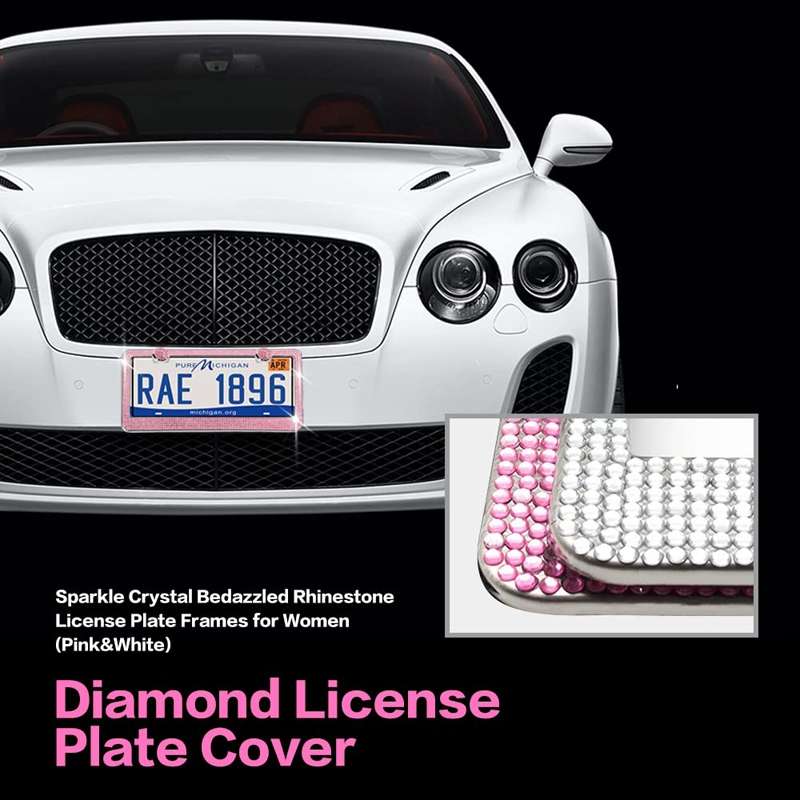 US Standard Stainless Steel License Plate Modified Frame With Diamonds, Color: Square Hole Pink Diam