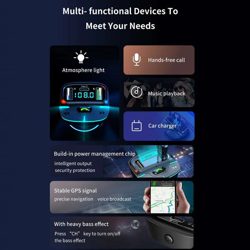 Car Bluetooth MP3 Player Ambient Light Charger(Black)