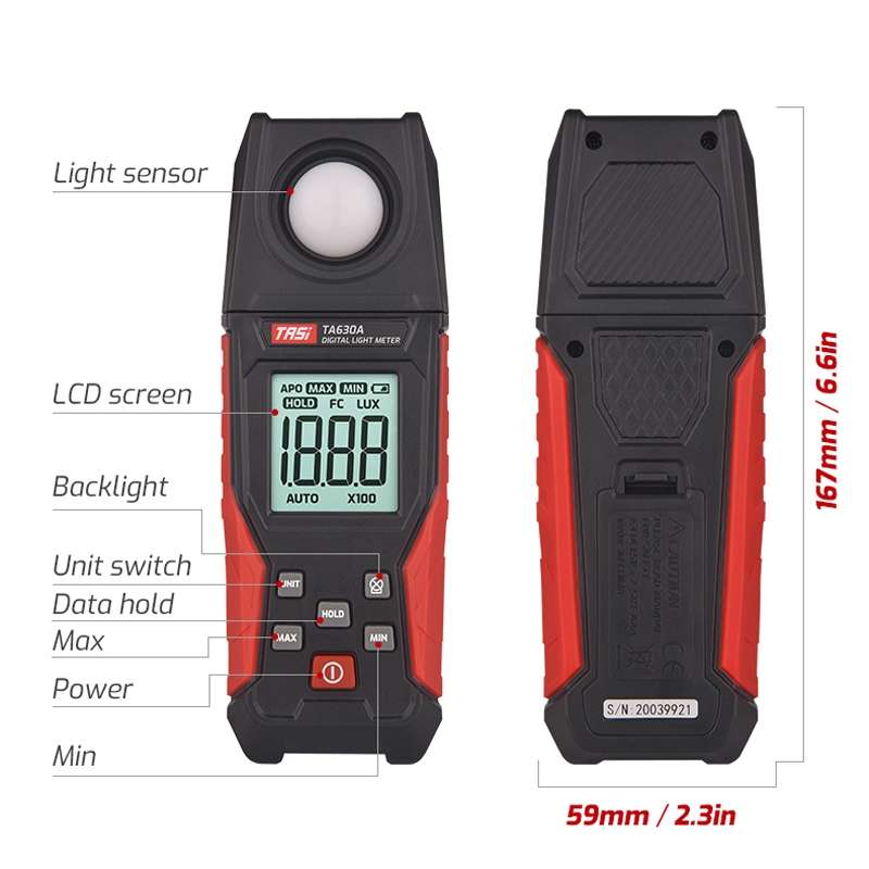TASI TA630A Integrated Digital Light Meter Illuminance Lux Meter Backlight LCD Display 0.1-200000LUX