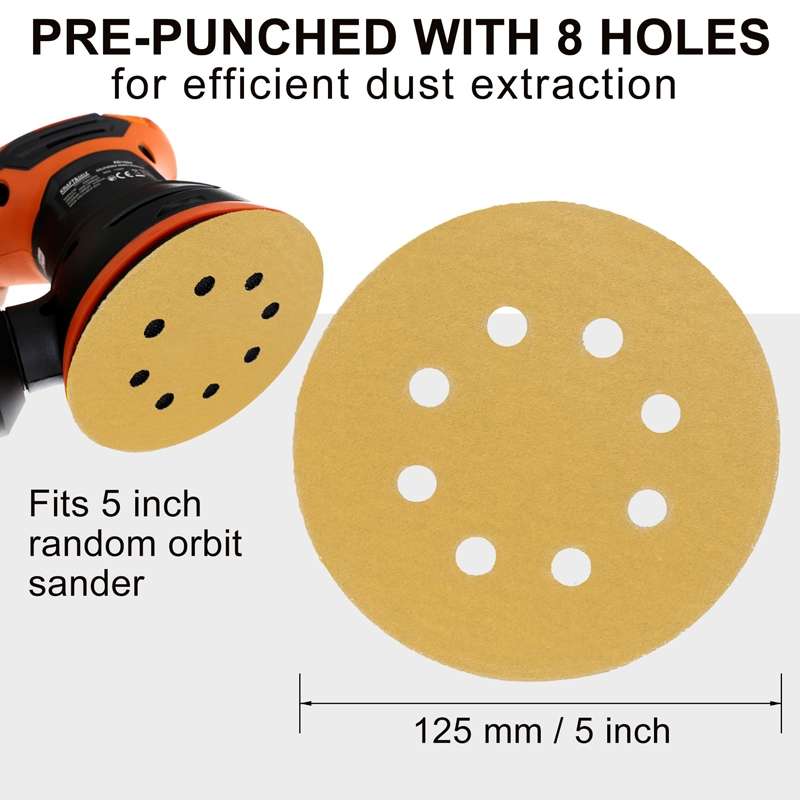 100pcs / Box 5 Inch 8 Holes Round Disc Sanding Sandpaper 125mm Yellow Sand Flocking Sheet, Grit: P22