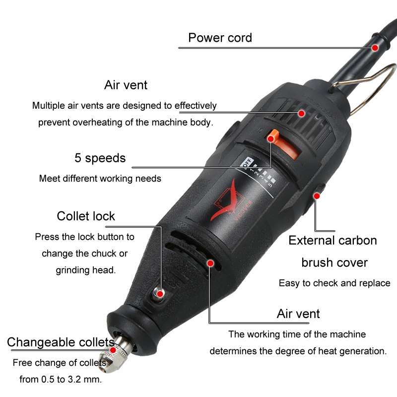VICOVER Small Adjustable Speed Electrical Grinder Set Jade Carving Pen Polishing Tool EU Plug, Model