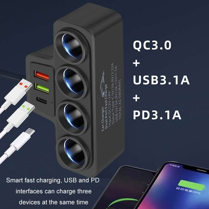 1 to 4 Q3.0 Car Cigarette Lighter Fast Charging 120W Car Conversion Plug(BY-1369)