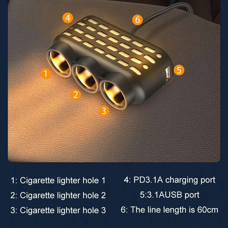1 To 3 12V/24V Car Cigarette Lighter Charger Multi-function Seven-color Light(120W)