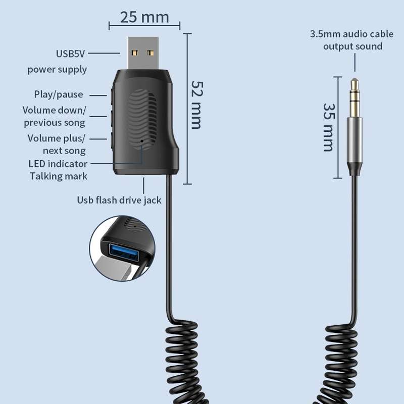 Bluetooth 5.4 Adapter Car Bluetooth Receiver Support U Disk Play AUX To USB