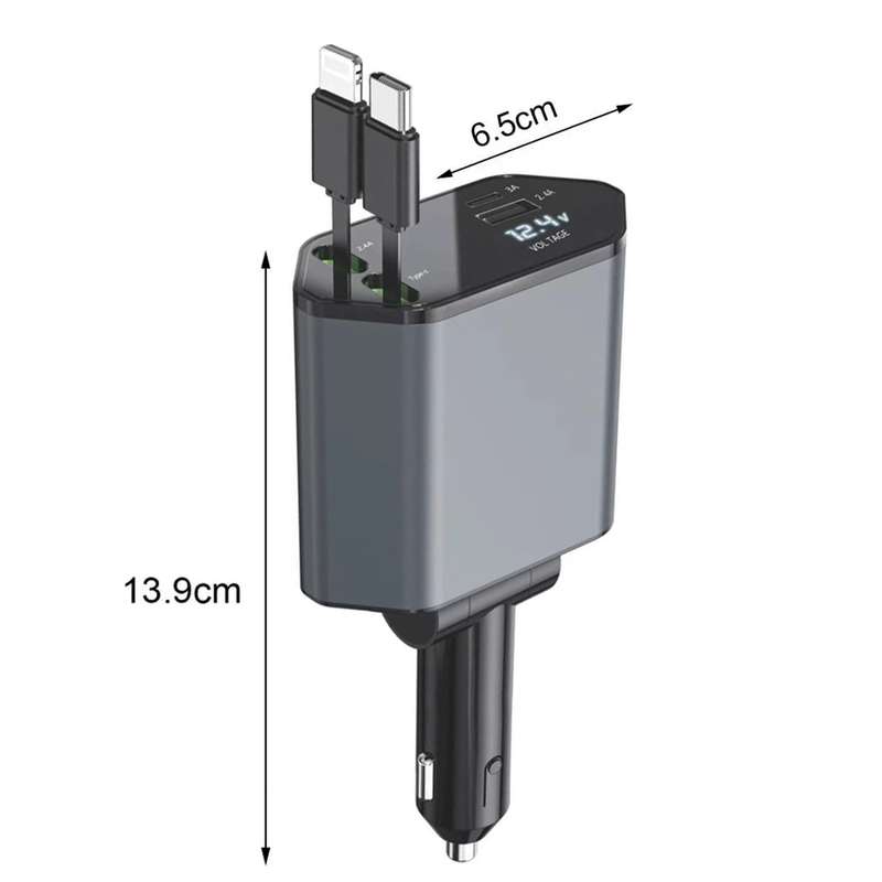 4-In-1 120W Multifunctional USB Retractable Dual-Line Digital Display Car Fast Charger(8 Pin + Type-