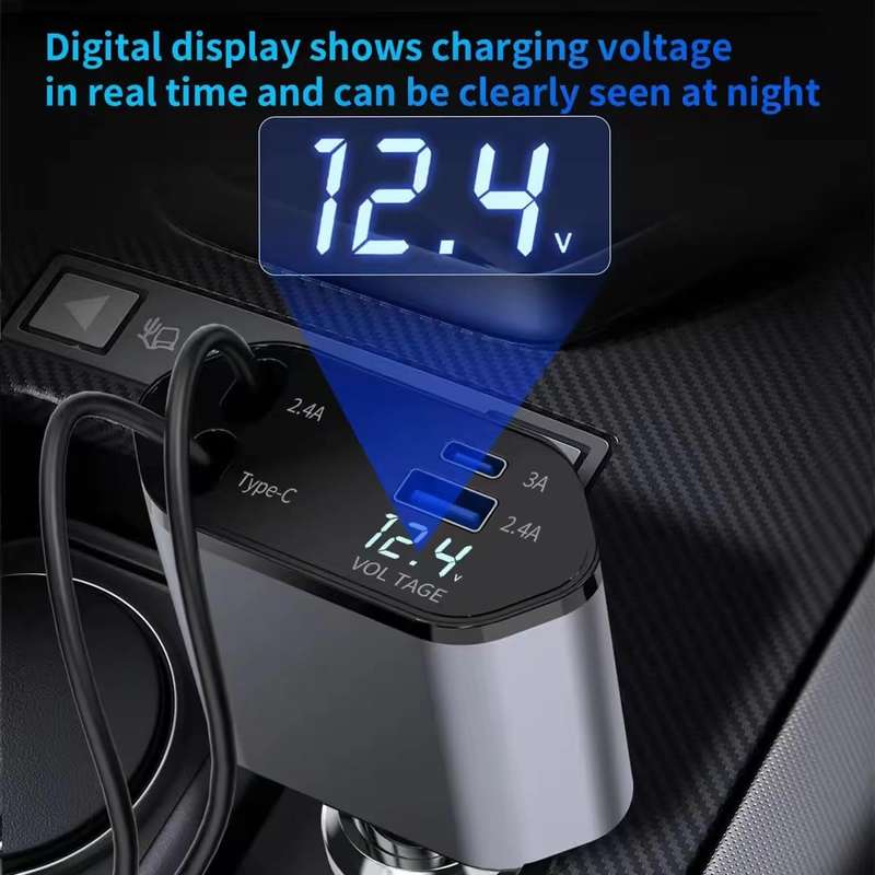 4-In-1 120W Multifunctional USB Retractable Dual-Line Digital Display Car Fast Charger(8 Pin + Type-