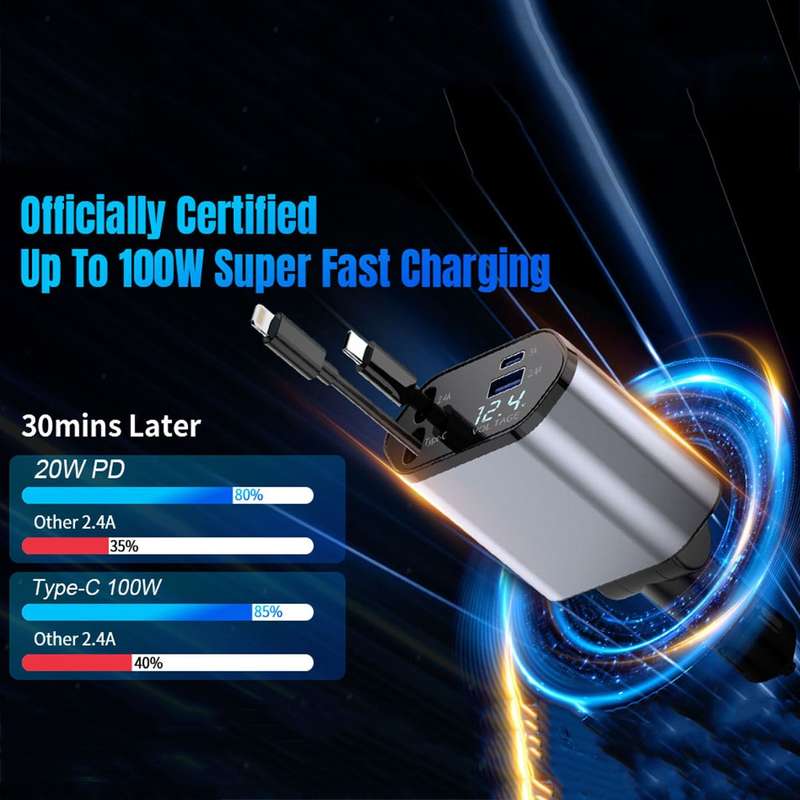 4-In-1 120W Multifunctional USB Retractable Dual-Line Digital Display Car Fast Charger(8 Pin + Type-