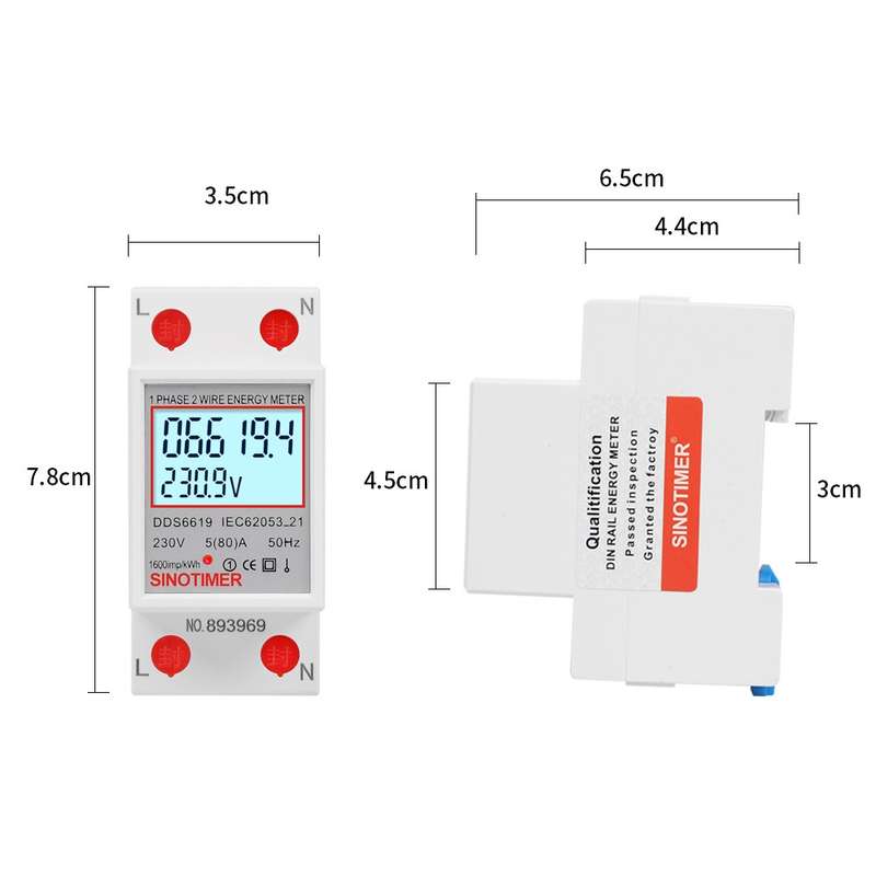SINOTIMER DDS6619 80A 230V Din Rail Single Phase Energy Meter Voltage Current Power Meter With Back