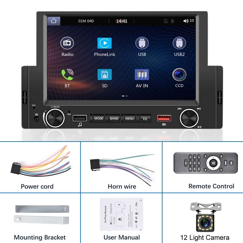 6.2 Inch MP5 Player Single Butt Universal Wired CarPlay Car Monitor, Model: Standard+12 Light Camera