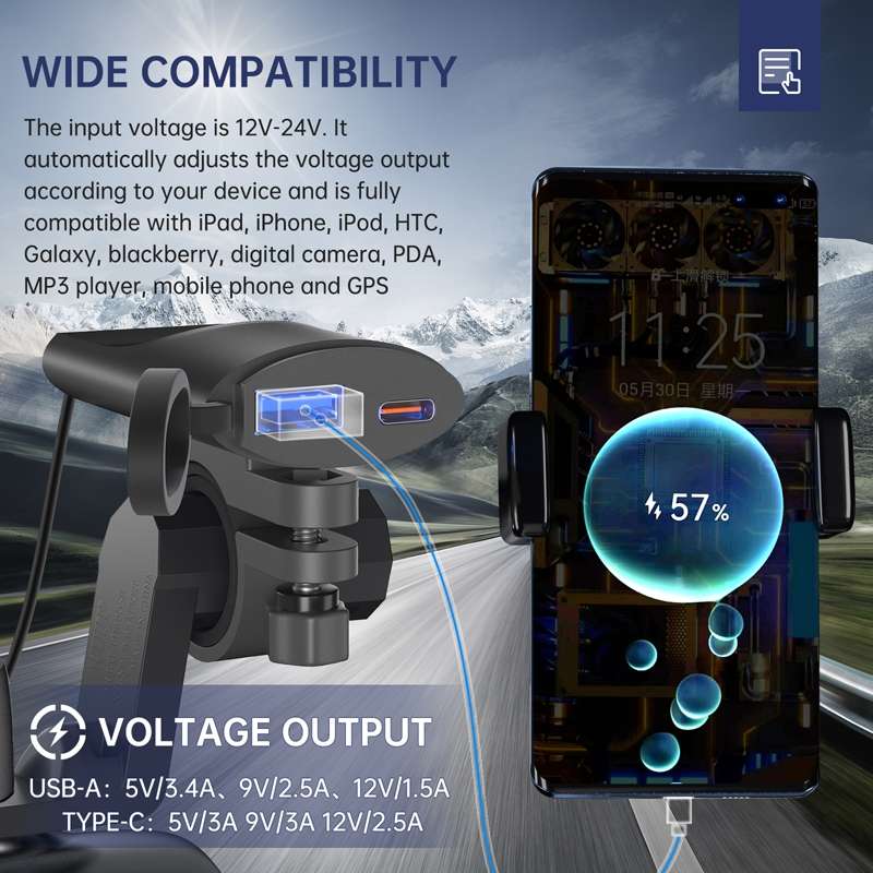Motorcycle PD+USB Fast Charging Mobile Phone Charger Rearview Mirror Extension Bracket