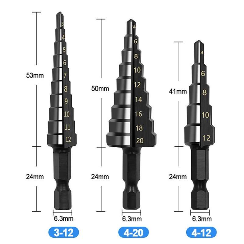 3pcs / Set Hexagonal Shank Nitrided Straight Fluted Step Drill HSS Pagoda Drill Hole Opener
