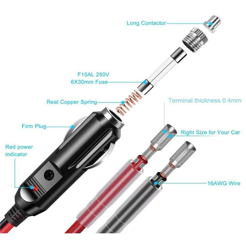 1pair 16AWG 15A 12V/24V Fused Cigarette Lighter Plug With Lead
