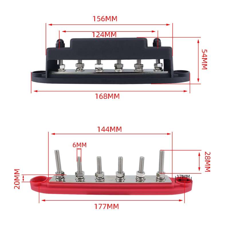 M6 RV Yacht High Current 6-column 250A Base Busbar, Color: Red