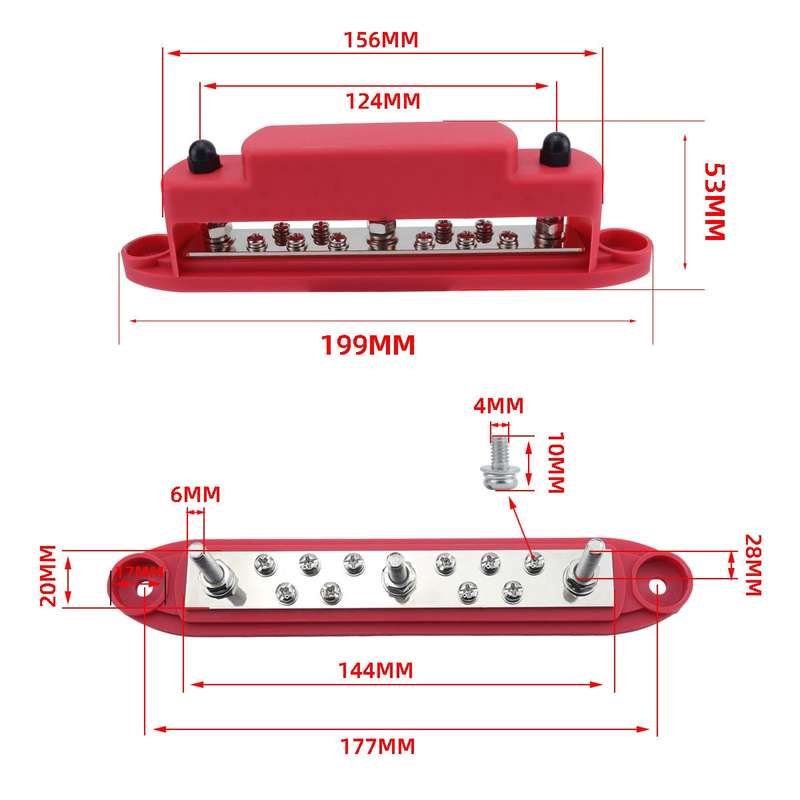 M6 3-post 10-way RV Yacht Short-circuit Proof Base DC Busbar, Color: Black