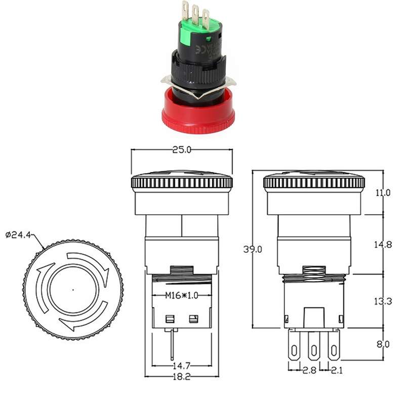 LA16 16mm Mounting Hole Emergency Stop Switch Mushroom Type Self-Locking Pushbutton Switches