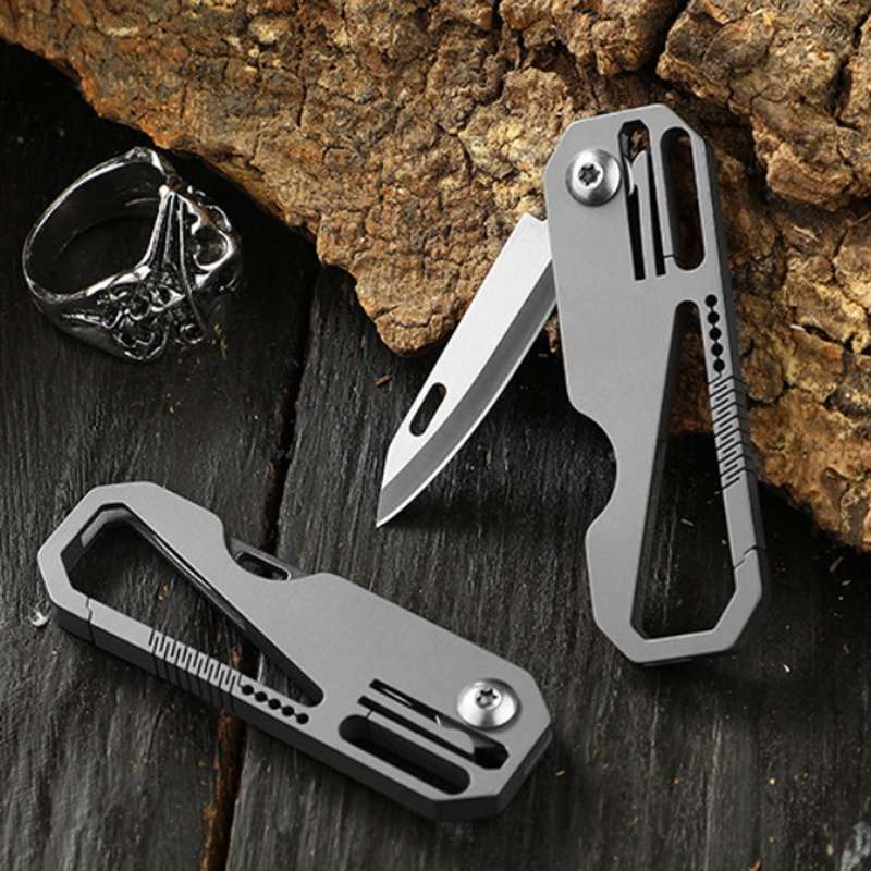 Multifunctional Titanium Keychain Outdoor Portable Defense Mini Folding Knife, Style: With Steel Rin
