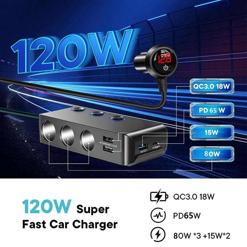TR30P QC3.0/PD Fast Charging 7 In 1 Car Cigarette Lighter With Display