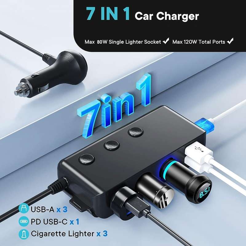 TR30P QC3.0/PD Fast Charging 7 In 1 Car Cigarette Lighter With Display