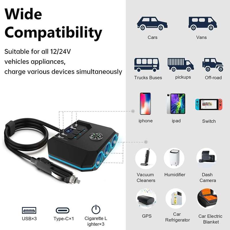 TR52 Car Cigarette Lighter One To Three With Switch Voltage Display