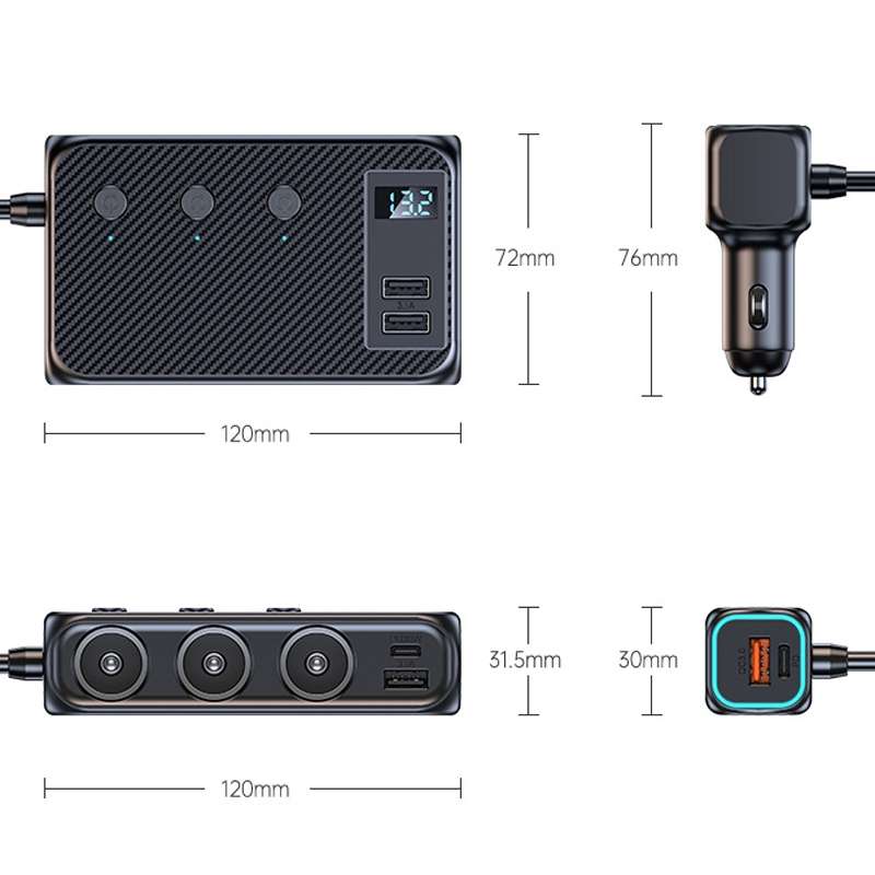 C29 9 In 1 Car Cigarette Lighter Powerful Fast Charger With Voltage Display
