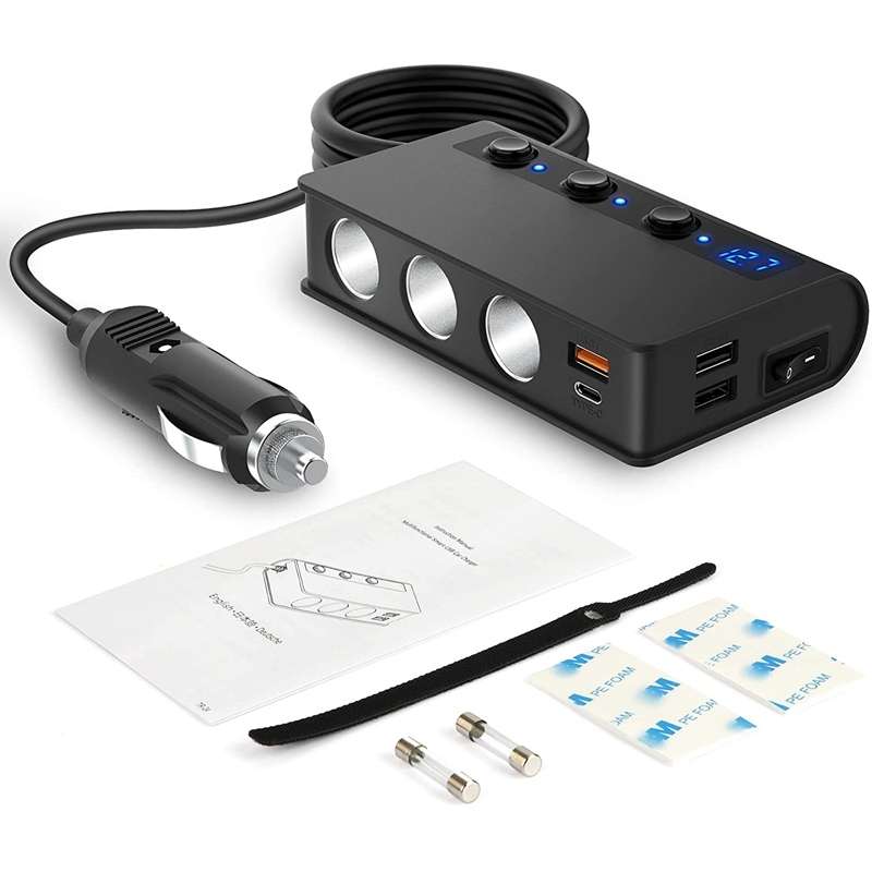 TR24 Car Cigarette Lighter One To Three With Switch 180W High Power Fast Charger(Black PD Version)
