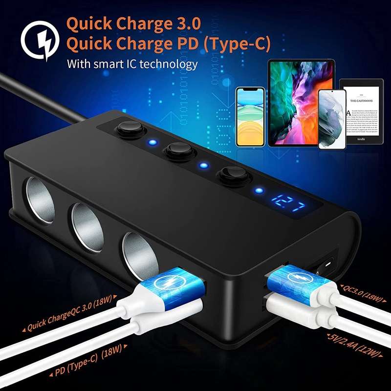 TR24 Car Cigarette Lighter One To Three With Switch 180W High Power Fast Charger(Black PD Version)