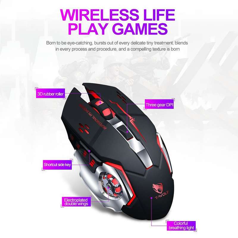 T-WOLF Q13 2.4GHz 6-keys RGB Colorful Light Gaming Wireless Mouse, Color: Single Mode Black