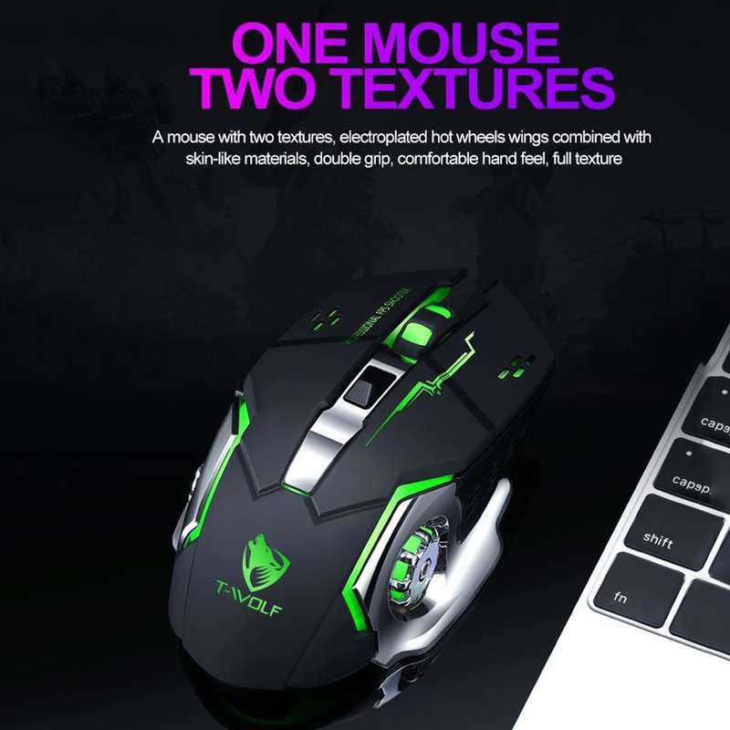 T-WOLF Q13 2.4GHz 6-keys RGB Colorful Light Gaming Wireless Mouse, Color: Single Mode Black