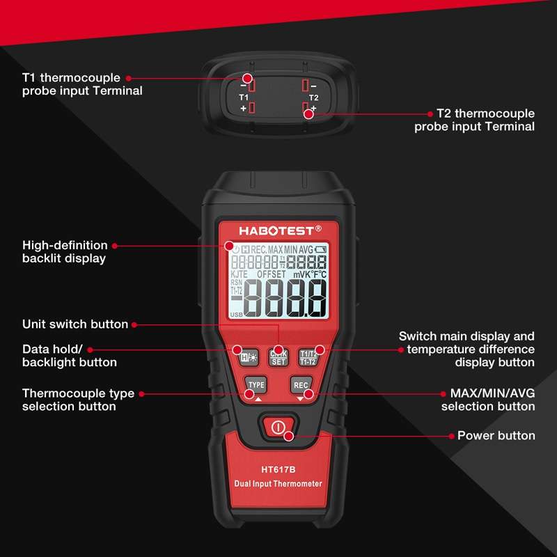 HABOTEST HT617B Digital Dual Channel Thermocouple Thermometer(Black Red)