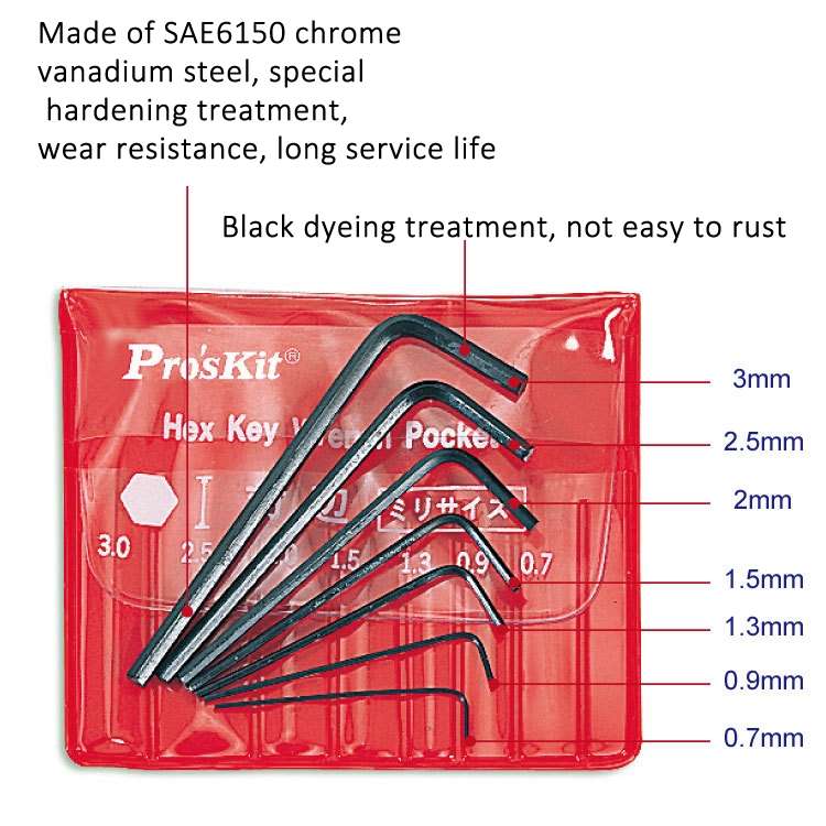 ProsKit 7pcs /Set 0.7mm - 3mm Mini Hex Key Set L Shaped Hexagon Pocket Tool