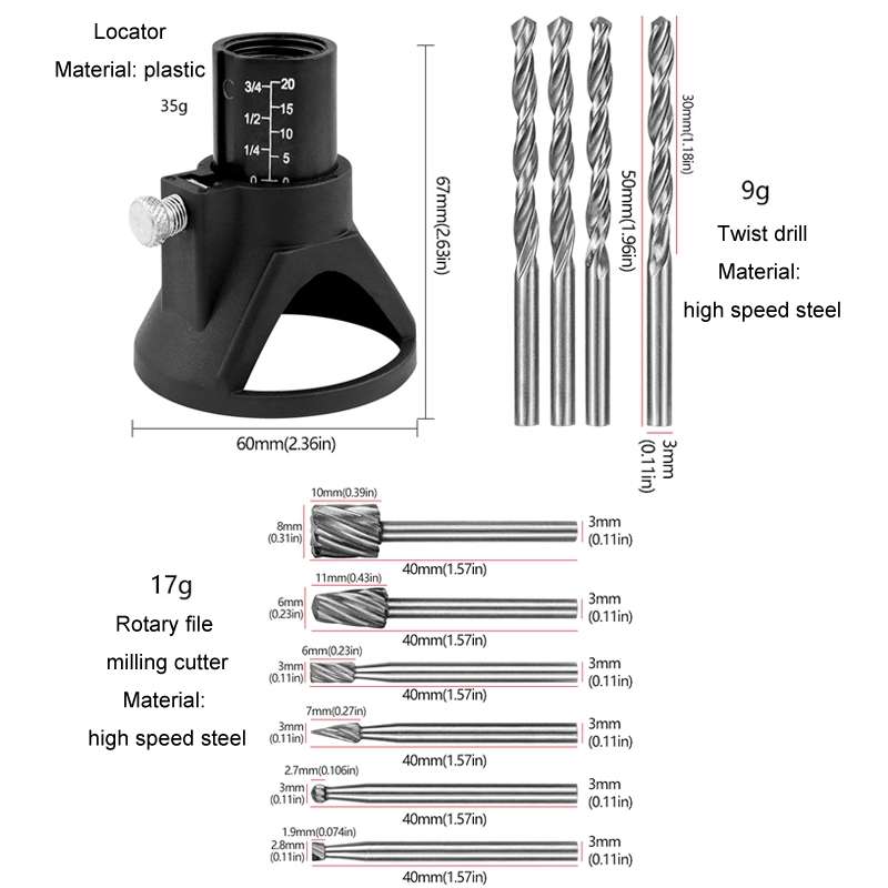 11pcs /Set Electric Grinding Locator With 4 Twist Drill + 6 Rotary File Milling Cutter Woodwork Tool