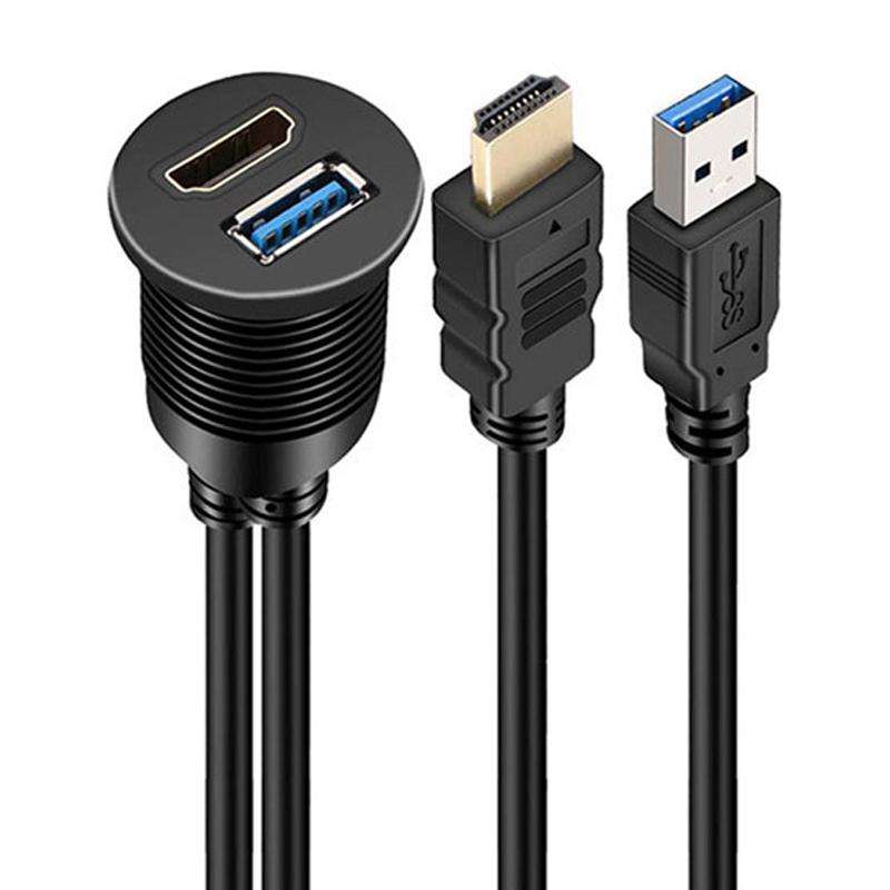 2m USB3.0+HDMI Car Waterproof Cable Motorcycle Boat Dashboard Extension Wire(Black)